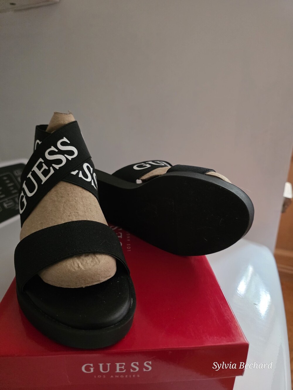 Guess Black Logo Cross-Strap Platform Sandals Size 6